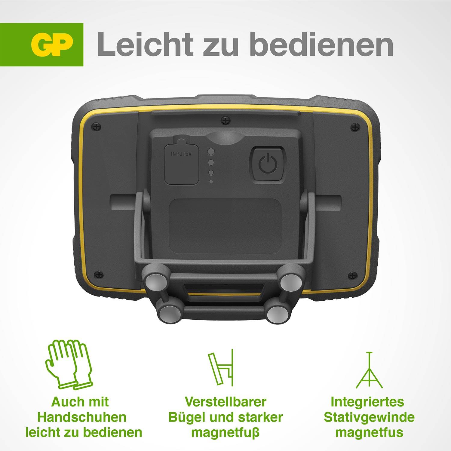 'Leicht zu bedienen' oben. Bild zeigt Gerät mit Bedienelementen. Symbole und Text: 'Auch mit Handschuhen leicht zu bedienen', 'Verstellbarer Bügel und starker Magnetfuß', 'Integriertes Stativgewinde magnetisch'.