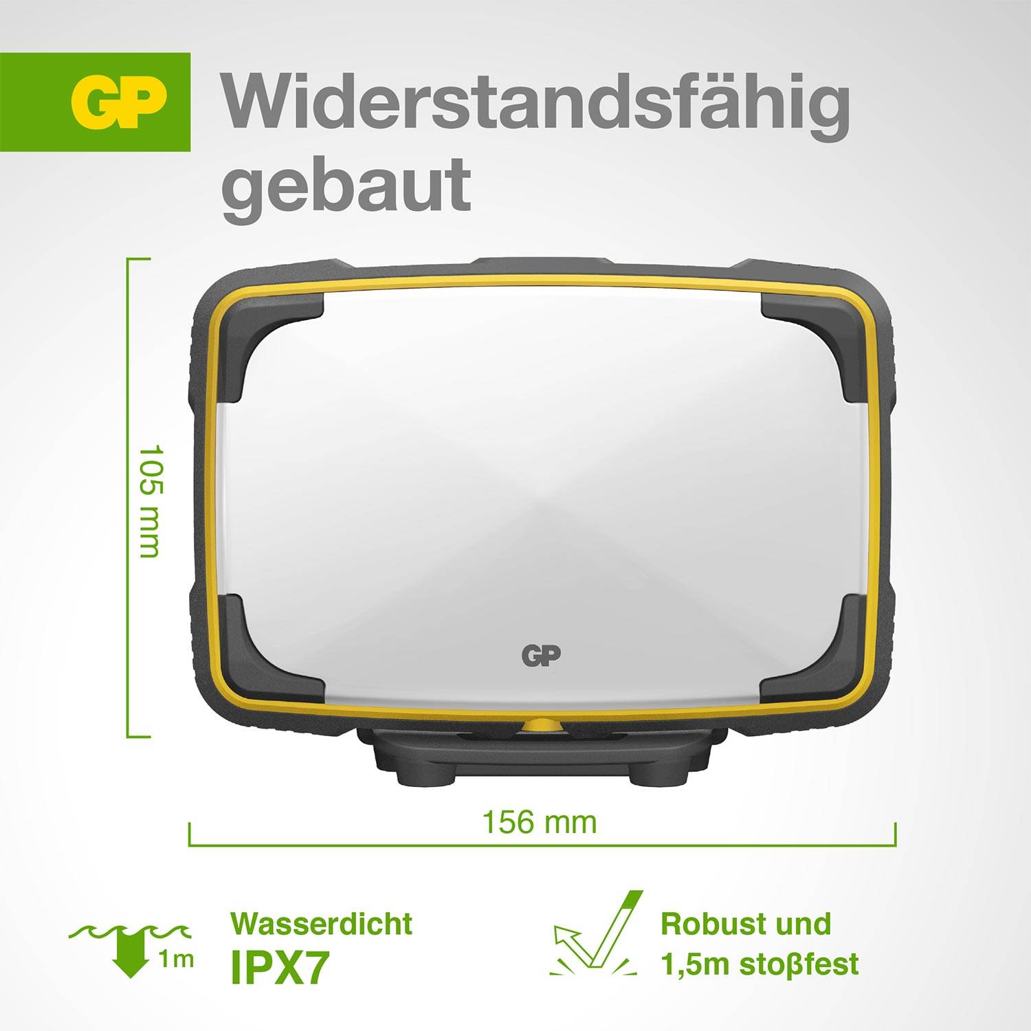 Eine widerstandsfähige, rechteckige Lampe mit den Maßen 105 mm x 156 mm. Wasserdicht (IPX7) und stoßfest bis 1,5 m.
