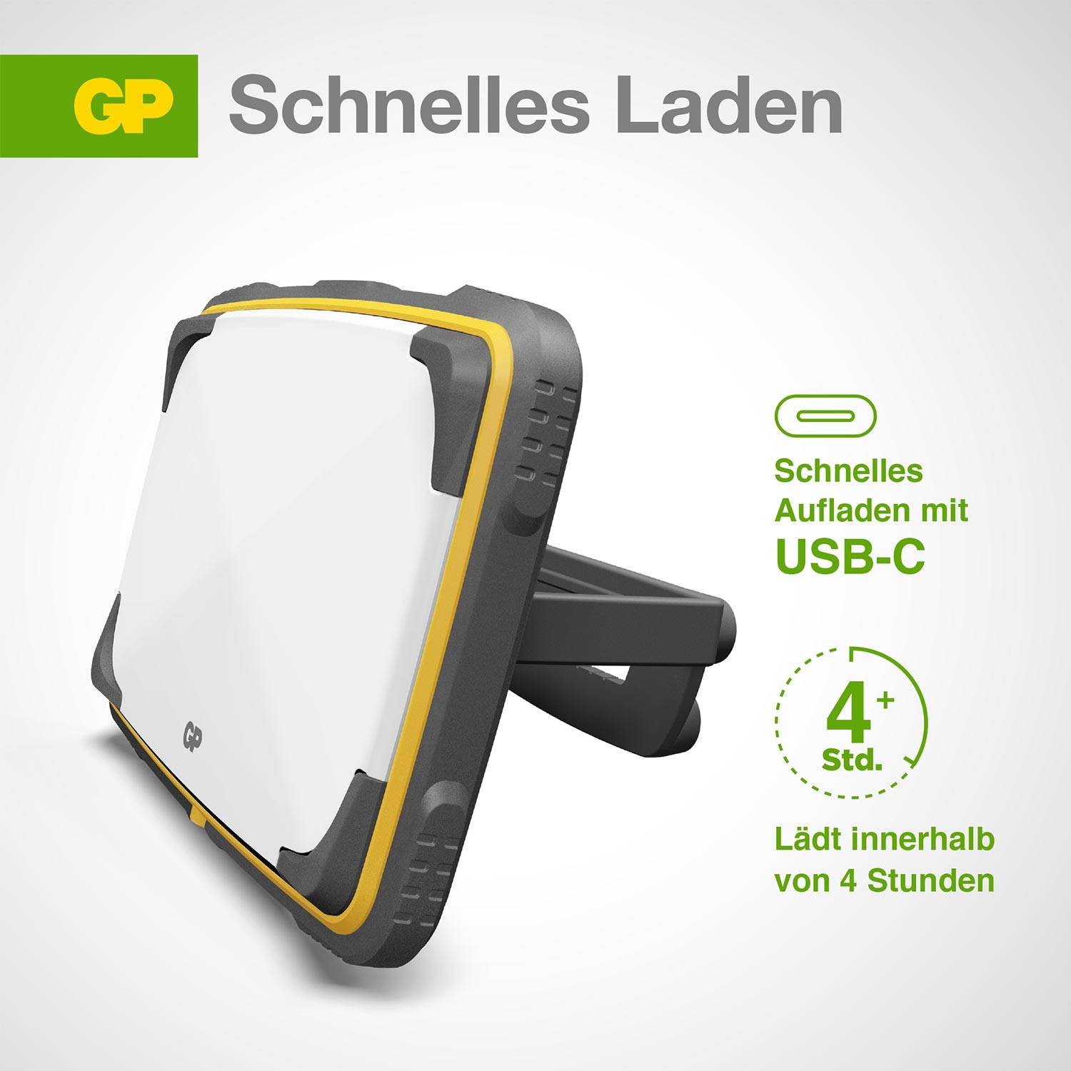 Ein tragbares Ladegerät von GP mit USB-C-Anschluss. Text: 'Schnelles Aufladen mit USB-C, 4+ Std. Lädt innerhalb von 4 Stunden'.