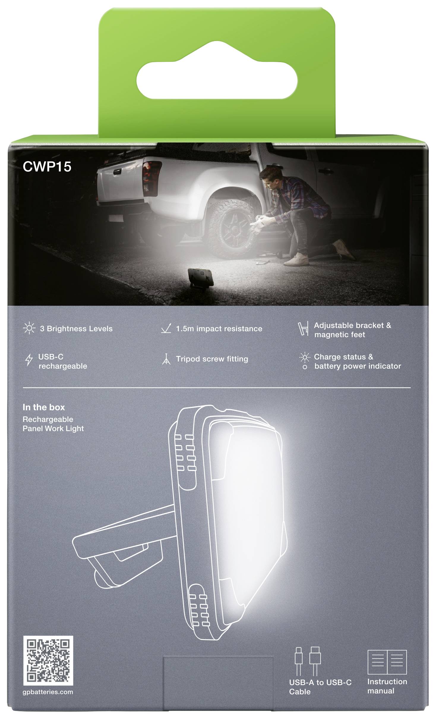 Grüne Verpackung einer tragbaren LED-Arbeitsleuchte. Zeigt Anwendung bei Autoreparatur. Funktionen wie Helligkeitsstufen und USB-C-Aufladen aufgelistet.