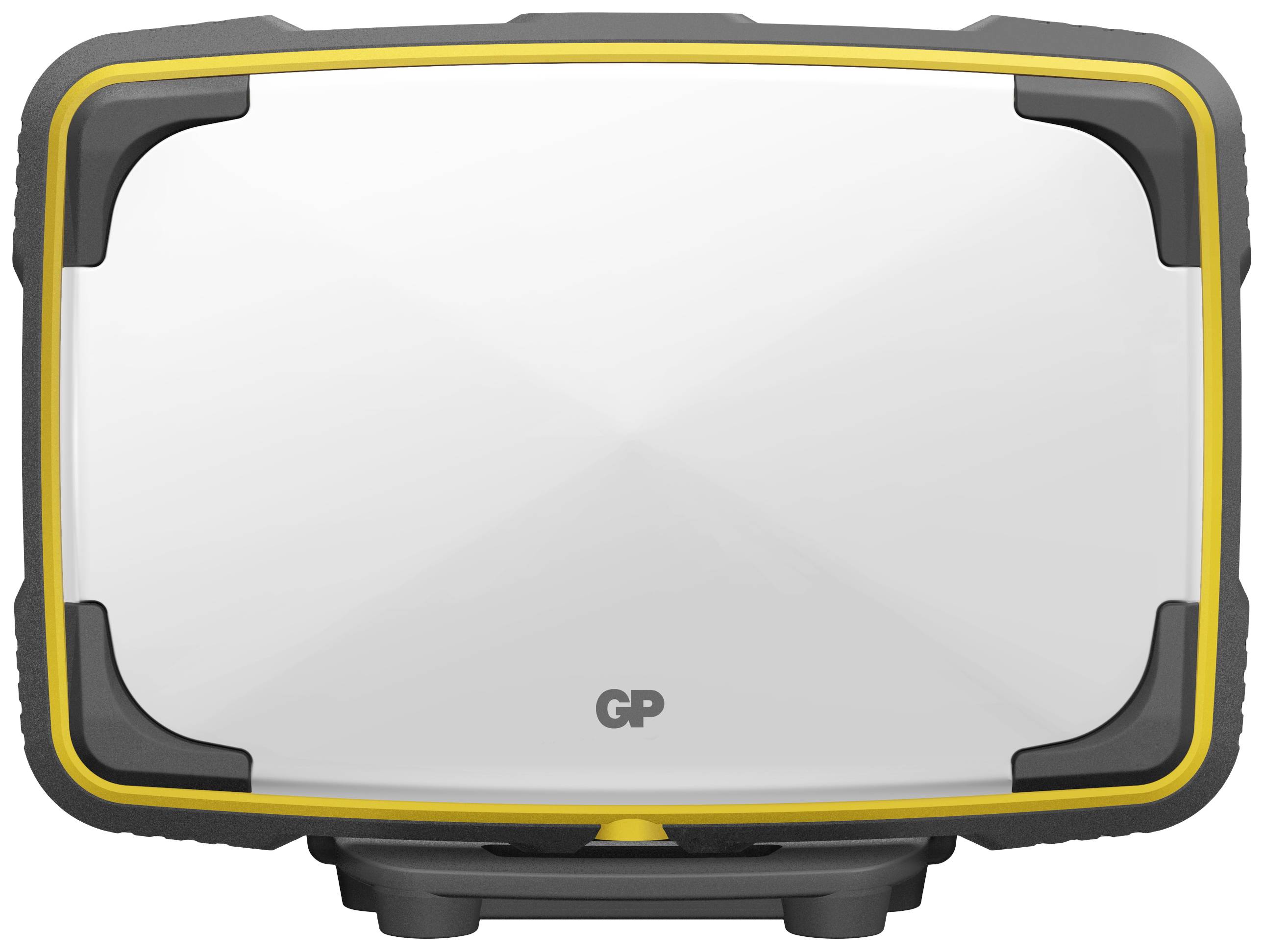Tragbare LED-Lampe mit gelbem Rand und GP-Logo in der Mitte. Sie steht auf einem grauen Standfuß.