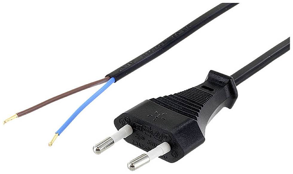 Ein schwarzes Stromkabel mit Eurostecker und zwei abisolierten Drähten, einer blau, einer braun, für elektrische Anschlüsse.