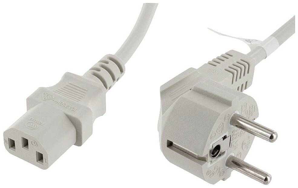 Abbildung eines weißen Kaltgerätekabels mit Stecker und Buchse, geeignet für europäische Steckdosen.