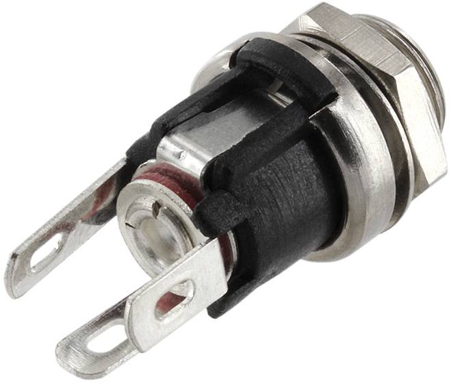 Metallbuchse mit zwei Anschlüssen, geeignet für Kabelverbindungen in elektronischen Geräten oder Anwendungen.