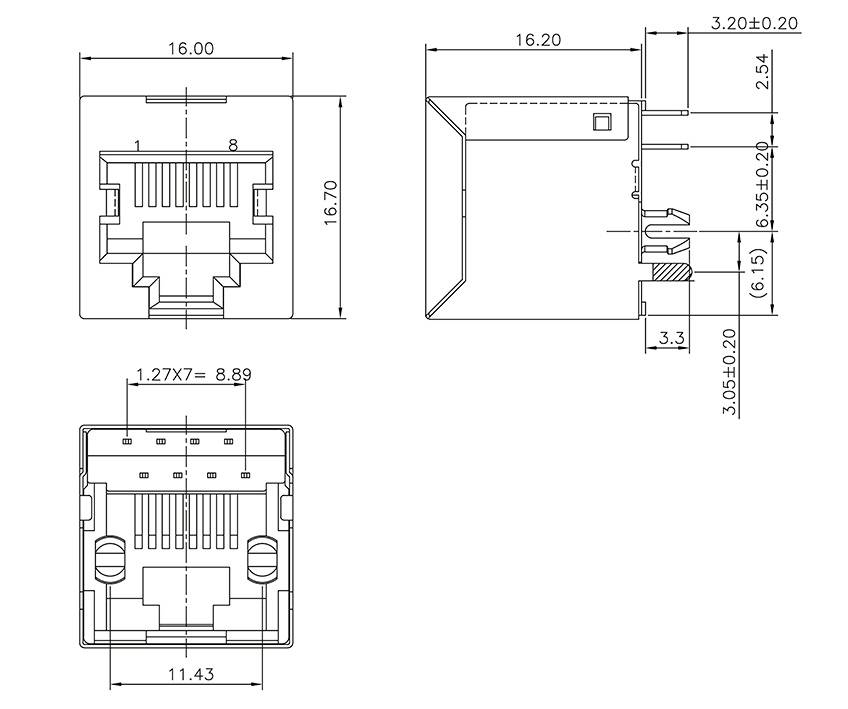 Technische Zeichnung eines RJ45-Steckers mit Abmessungen in Millimetern. Seitenansicht und Vorderansicht zeigen genaue Maße und Platzierung der Pins.