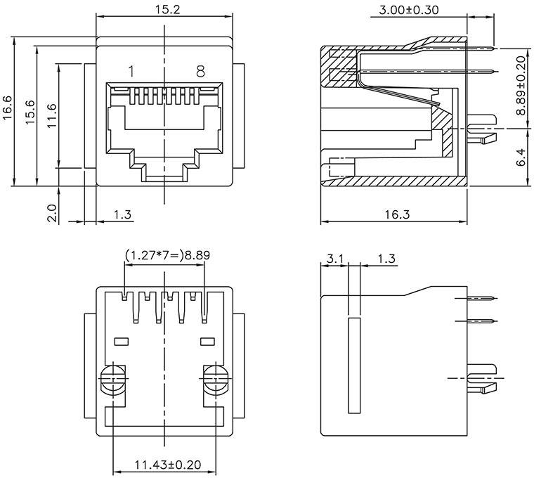 Technische Zeichnung eines RJ45-Steckers mit Maßen: Breite 15,2 mm, Höhe 16,3 mm, Tiefe 15,6 mm. Detailansichten mit Schnitt.