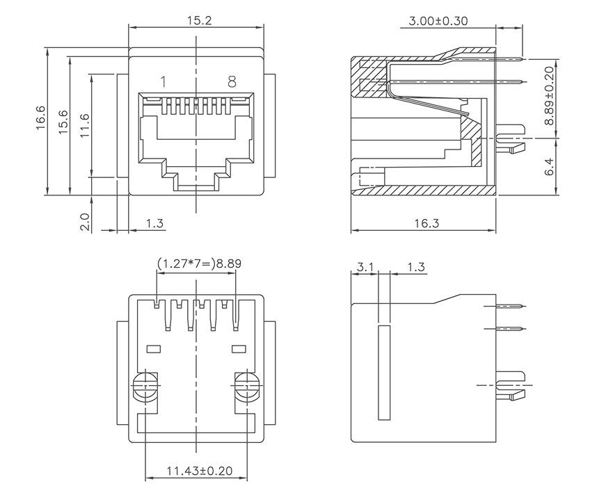 Technische Zeichnung eines RJ45-Buchsenmoduls mit Maßen in Millimetern und Querschnittsansichten. Enthält Vorder-, Seiten- und Draufsicht.