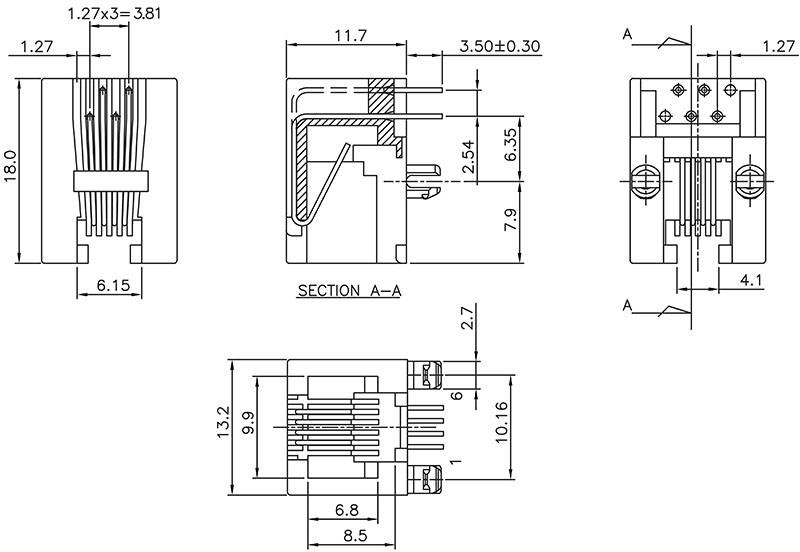 Encitech RJJU-64-123-E3H-011 3253-0002-01 Buchse, Einbau horizontal Polzahl 6P4C
