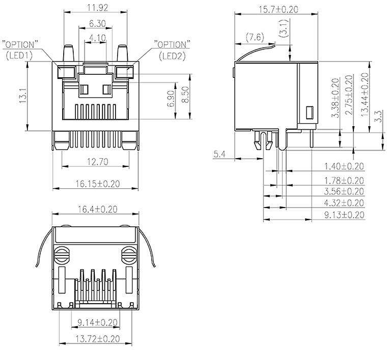 Aligned Technologies LED RJ45 Steckverbinder Detailzeichnung mit Abmessungen in Millimetern. Hauptsichten: Vorderansicht mit Maßen, Seitenansicht mit LED-Option, Draufsicht. Maße genau angegeben.