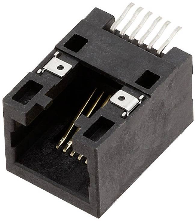 Ein schwarzer, rechteckiger RJ11-Buchsenstecker mit sechs Metallkontakten, geeignet zur Verbindung von Telefonkabeln oder Netzwerkkabeln.