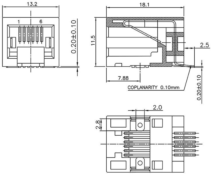 Encitech RJJU-66-141-E3H-014 3253-0014-02 Buchse, Einbau horizontal Polzahl 6P6C