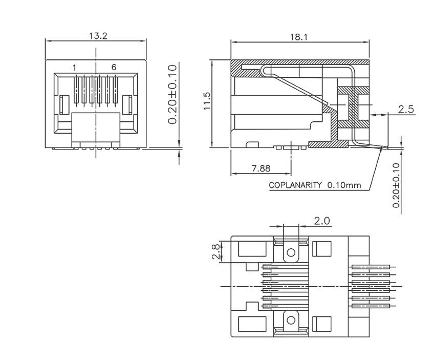 Technische Zeichnung eines RJ45-Steckverbinders mit Maßen in Millimetern. Vorder-, Seiten- und Draufsicht mit Details zur Koplanarität.
