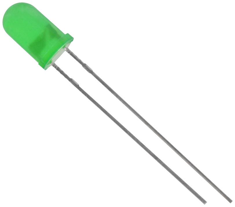 Grüne LED mit zwei Anschlussdrähten, häufig verwendet als Anzeigeleuchte oder in elektronischen Schaltungen.
