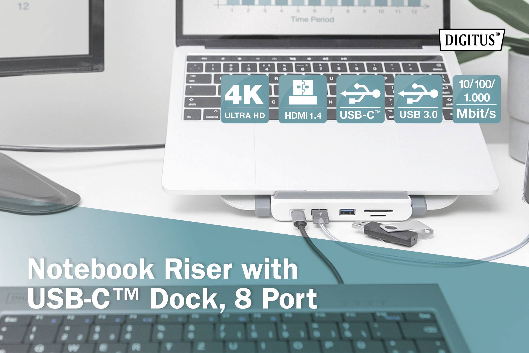 Digitus Notebook-Ständer für Multi-Monitor-Betrieb, höhenverstellbar, USB-Hub-Funktion