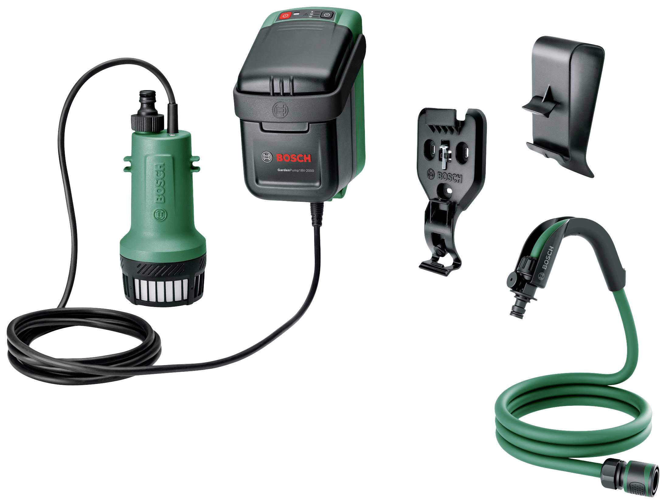 'Bosch UniversalPump 18V' Set mit Pumpe, Ladegerät, Wandhalterung und Schlauch, zur mobilen Wasserversorgung im Garten.