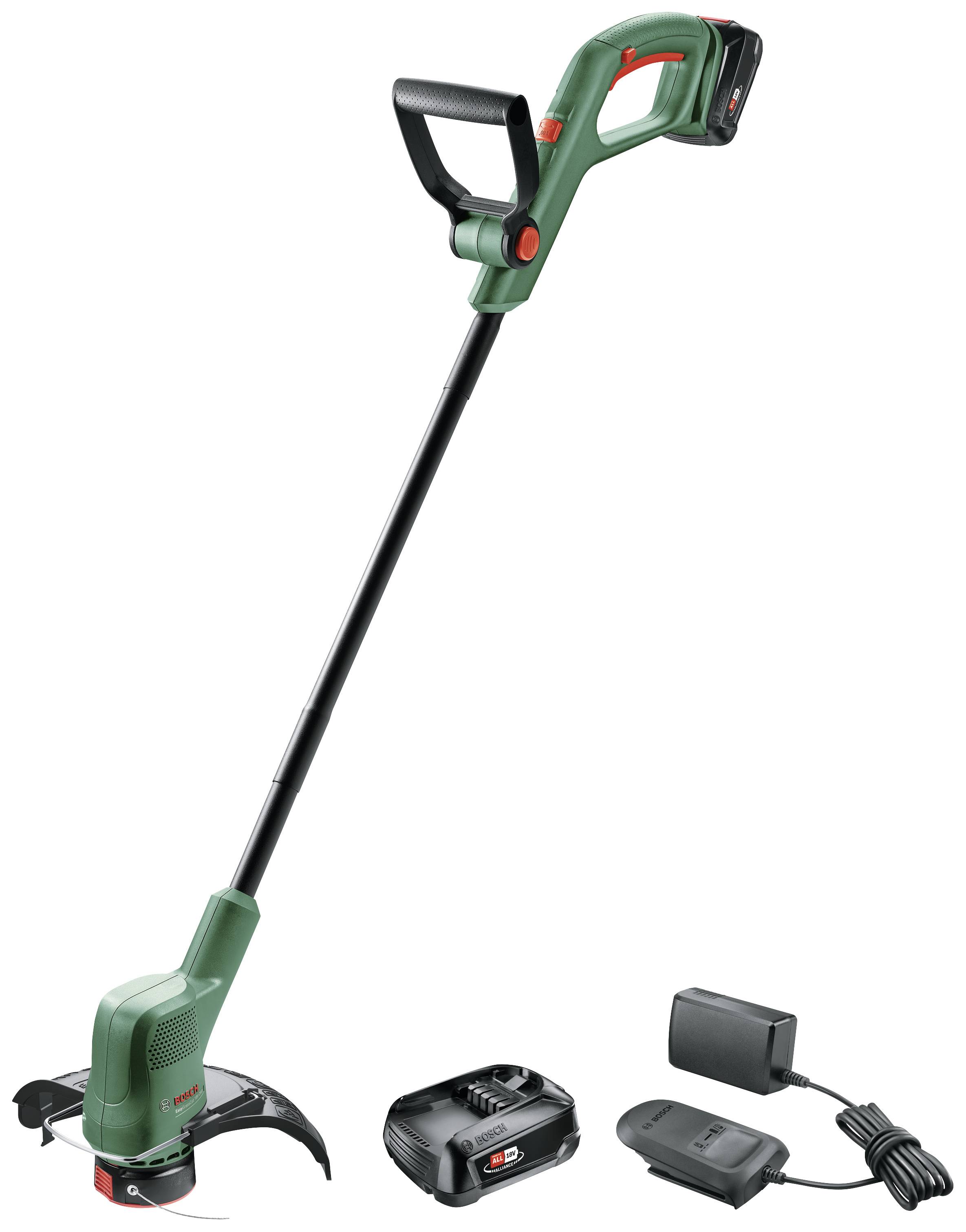 Ein grüner Akku-Rasentrimmer mit Ladestation und Akku. Der Trimmer hat einen ergonomischen Griff und eignet sich für leichte Gartenarbeiten.