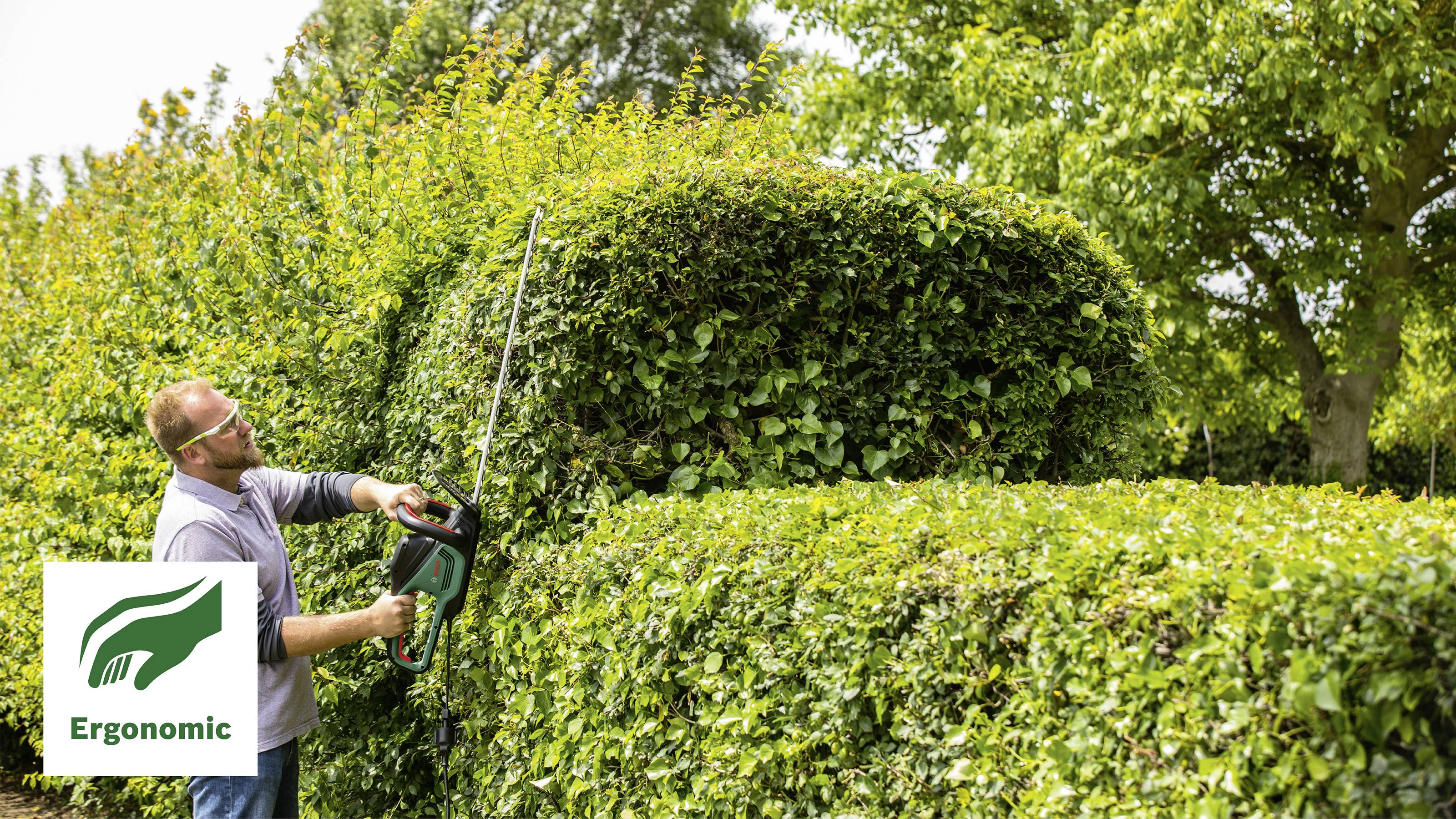 Eine Person schneidet Hecken in einem Garten mit einer elektrischen Heckenschere. Im Bild eine 'Ergonomic'-Kennzeichnung.
