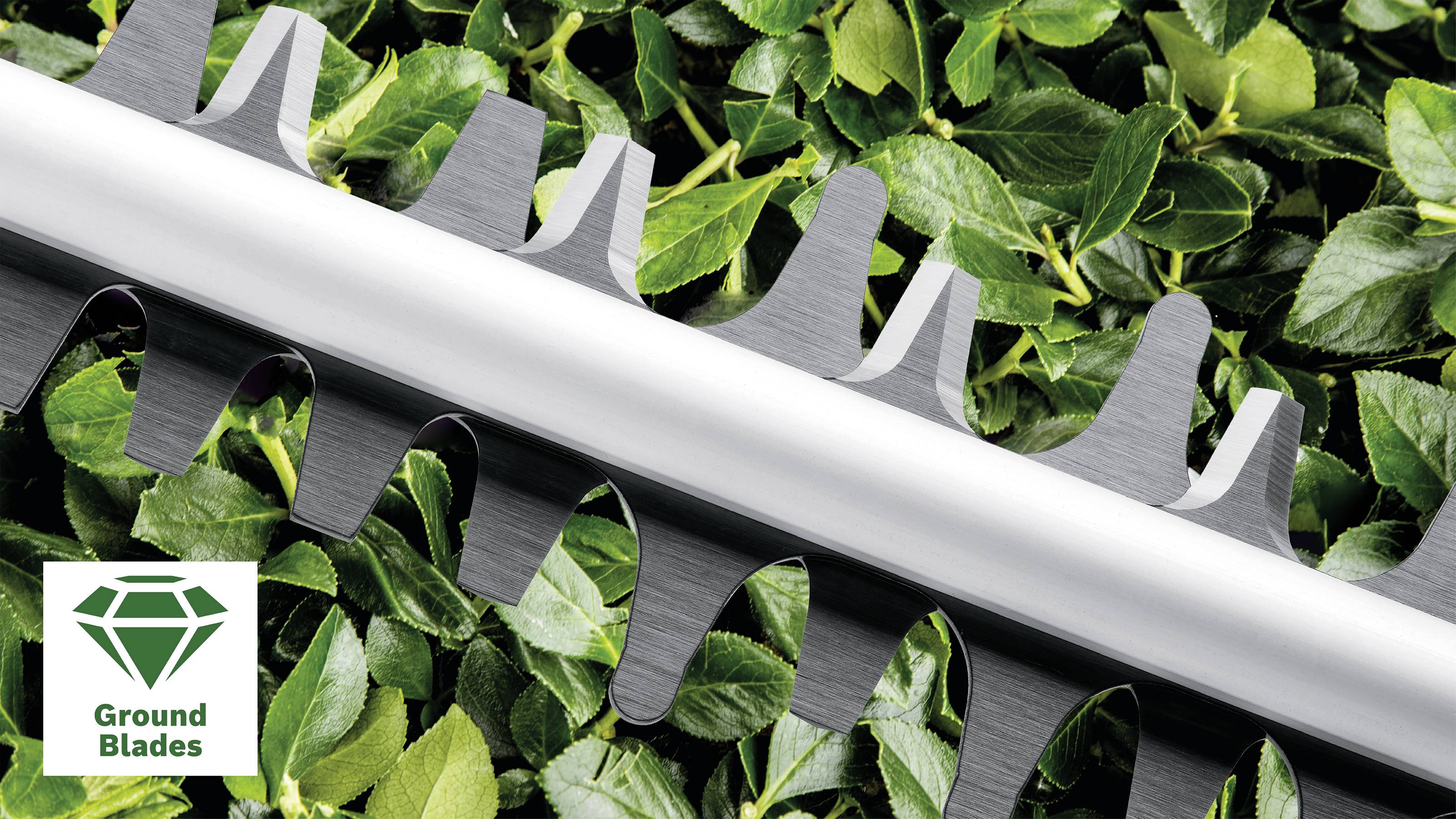 Heckenschere mit scharfen Klingen schneidet durch dichtes grünes Laub. Links unten ein Logo mit der Aufschrift 'Ground Blades'.