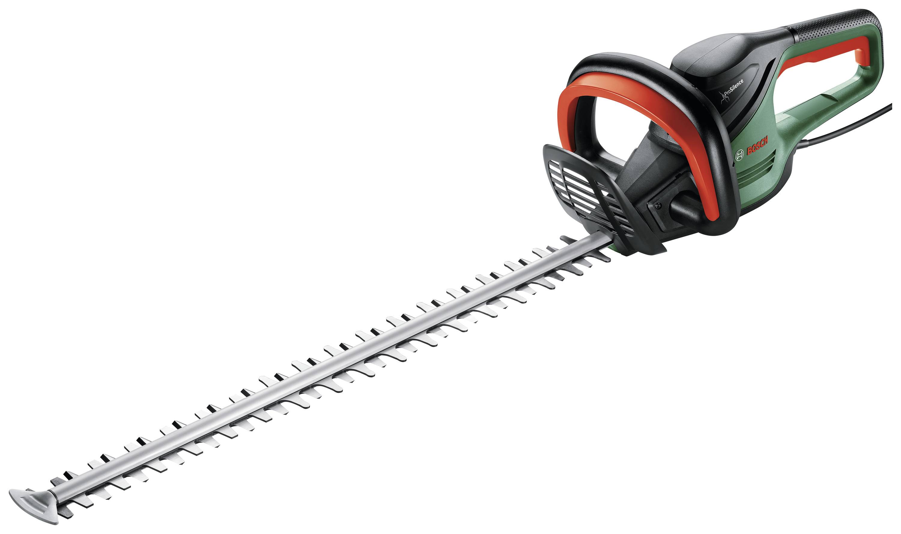 Eine elektrische Heckenschere mit grünem Gehäuse und roten Griffen. Sie ist für das Schneiden von Hecken im Gartenbau vorgesehen.