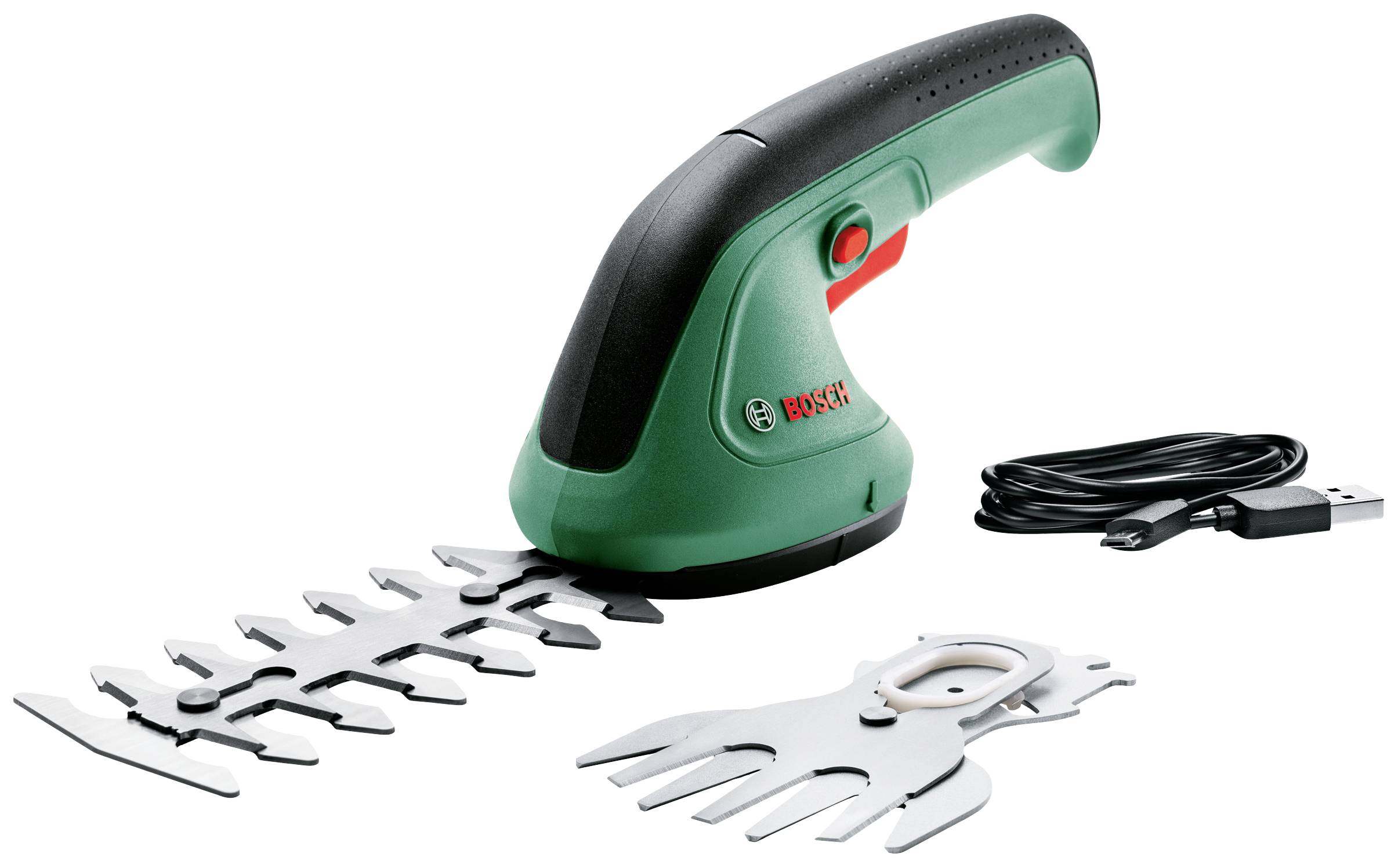 Ein grüner, kabelloser Bosch-Heckenschneider mit schwarzem Griff und rotem Knopf, daneben ein USB-Ladekabel und ein Ersatzklinge.