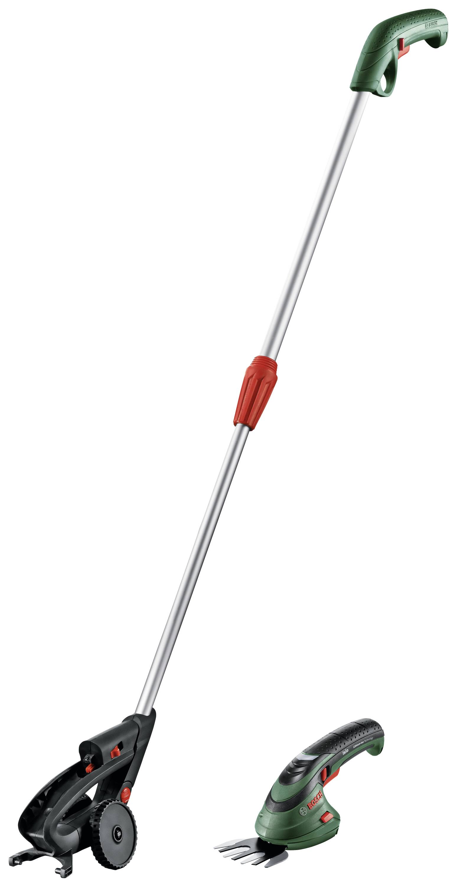Ein langer Unkrautentferner mit grünem Griff und Metallstange, daneben ein kleinerer, grüner Elektroschneider mit rotem Knopf.