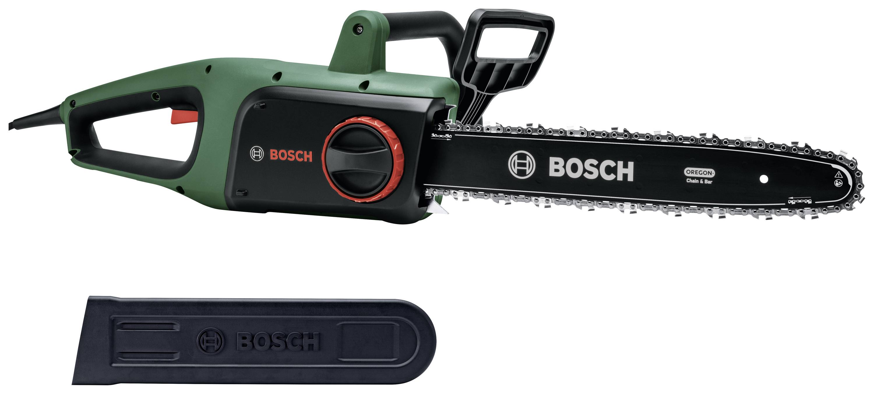 Elektrische Bosch-Kettensäge mit schwarzem und grünem Gehäuse, rot-schwarzer Schalter und Schwertschutzhülle, geeignet zum Holzzerschneiden.