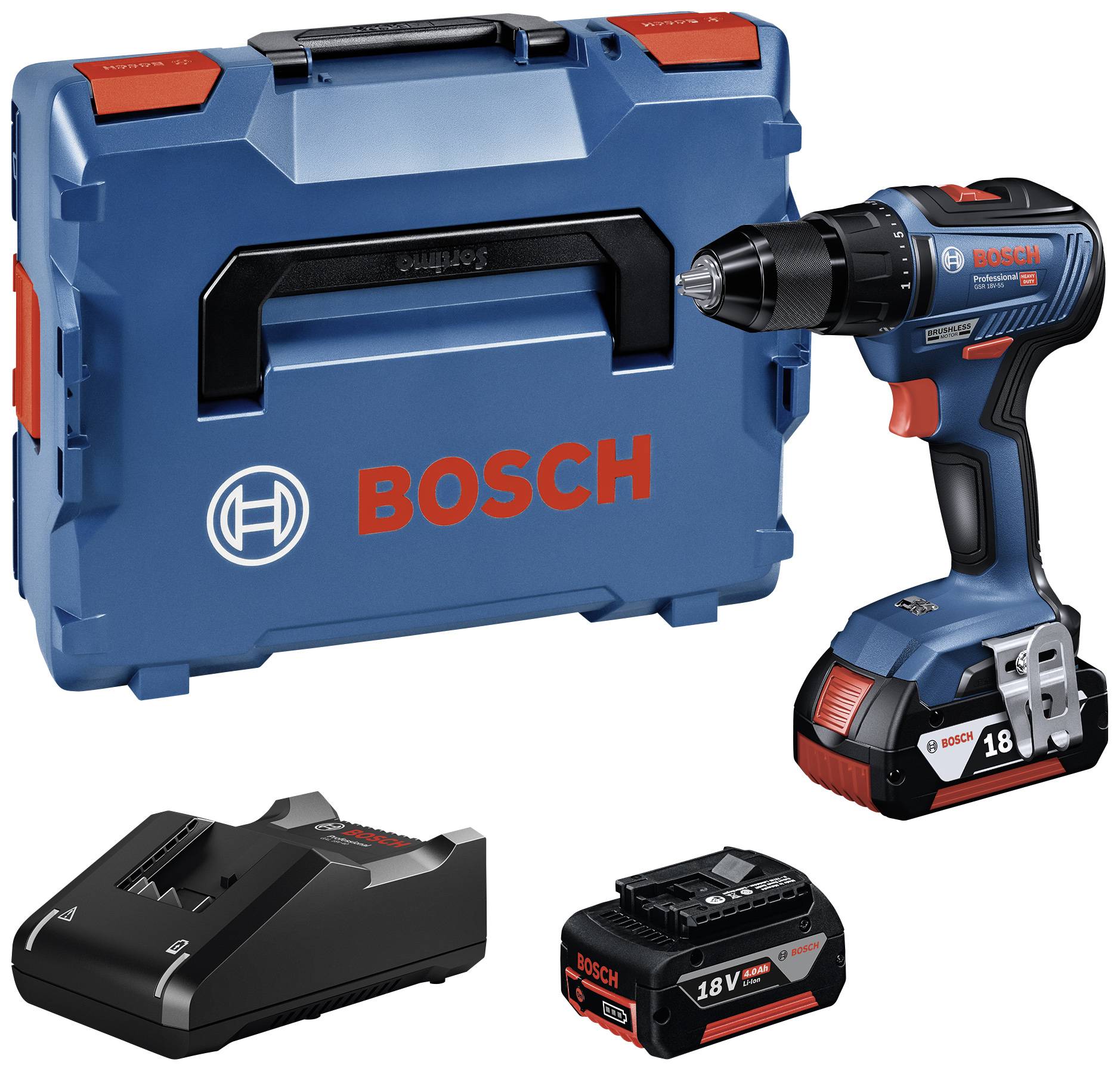 Bosch Professional GSR 18V-55 06019H5200 Akku-Bohrschrauber 18V 4.0Ah Li-Ion bürstenlos, inkl. 2. Akku, inkl. Ladegerät, inkl