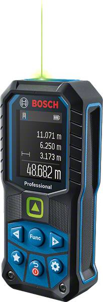 Digitales Bosch-Messgerät, zeigt Entfernungen: 11,071 m, 6,250 m, 3,173 m, Summenanzeige 48,682 m; verwendet für genaue Messungen.