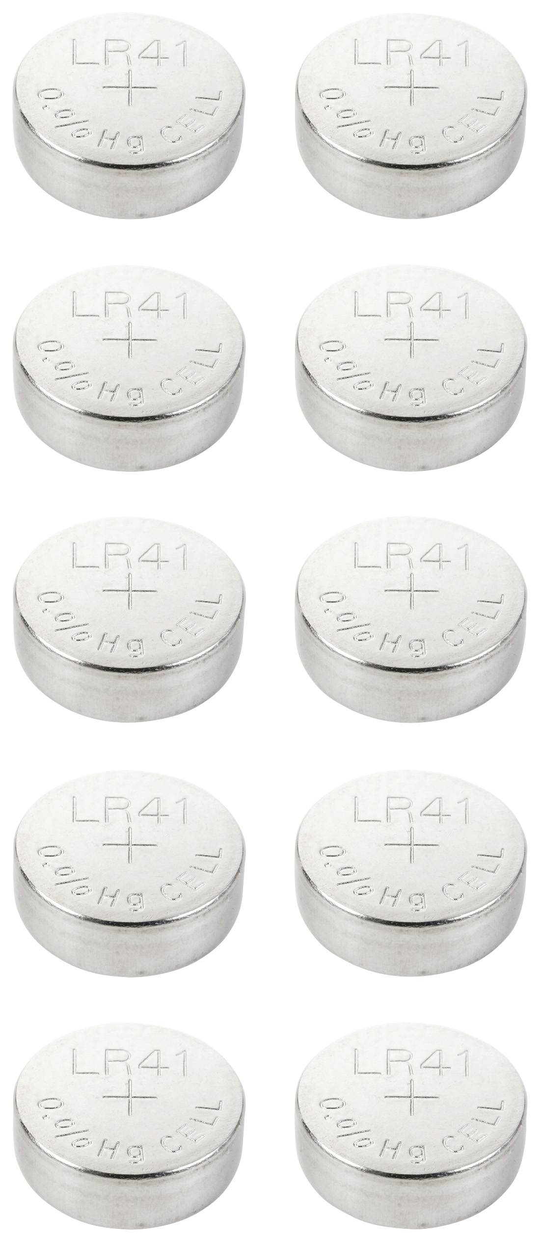 Zehn LR41-Knopfzellen in zwei Spalten. Jede Zelle ist zylindrisch, silberfarben und zeigt die Aufschrift 'LR41'.