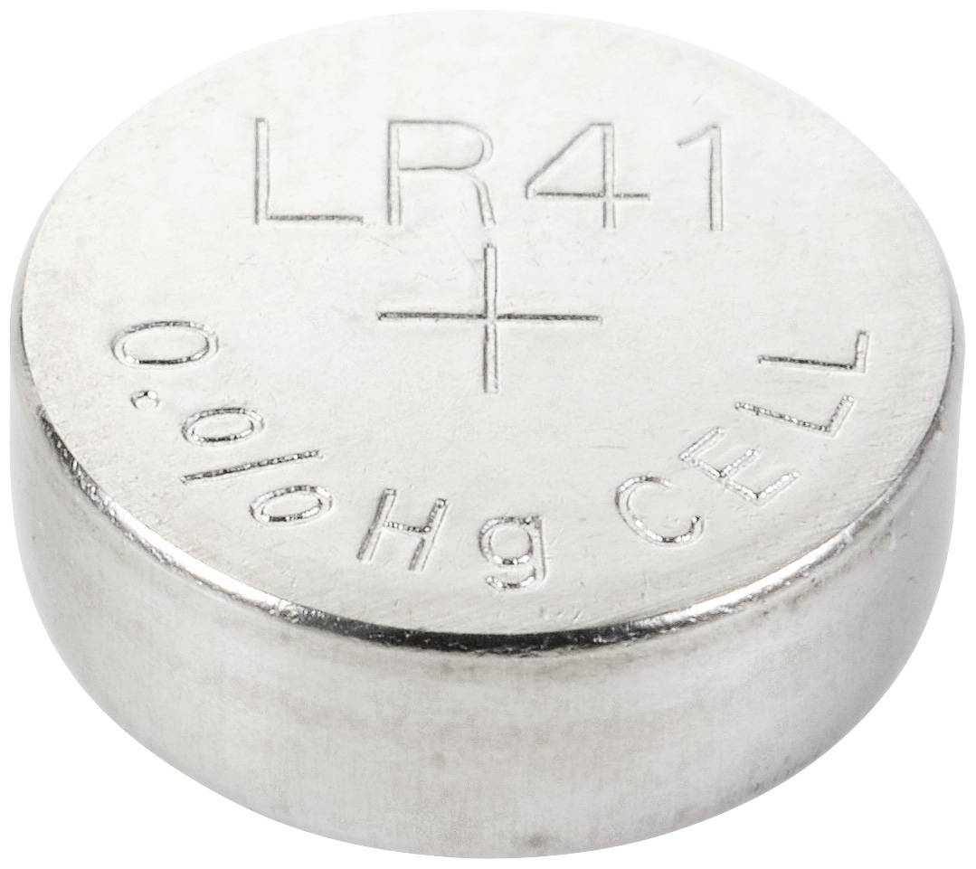 Silberne Knopfzellenbatterie mit Aufschrift 'LR41' und '0% Hg CELL'.
