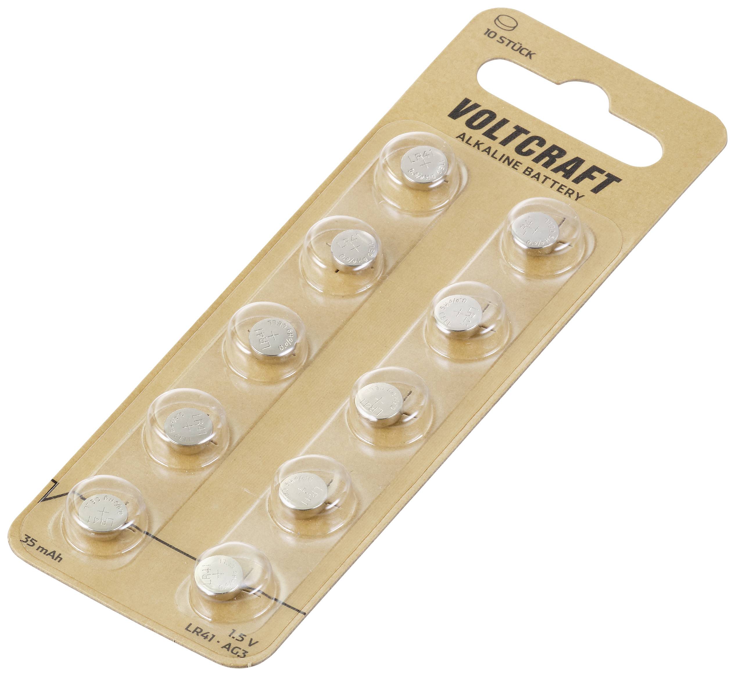 Eine Packung mit zehn silbernen Knopfzellen-Batterien von VOLTCRAFT; verpackt in einer durchsichtigen Plastikverpackung auf Karton.