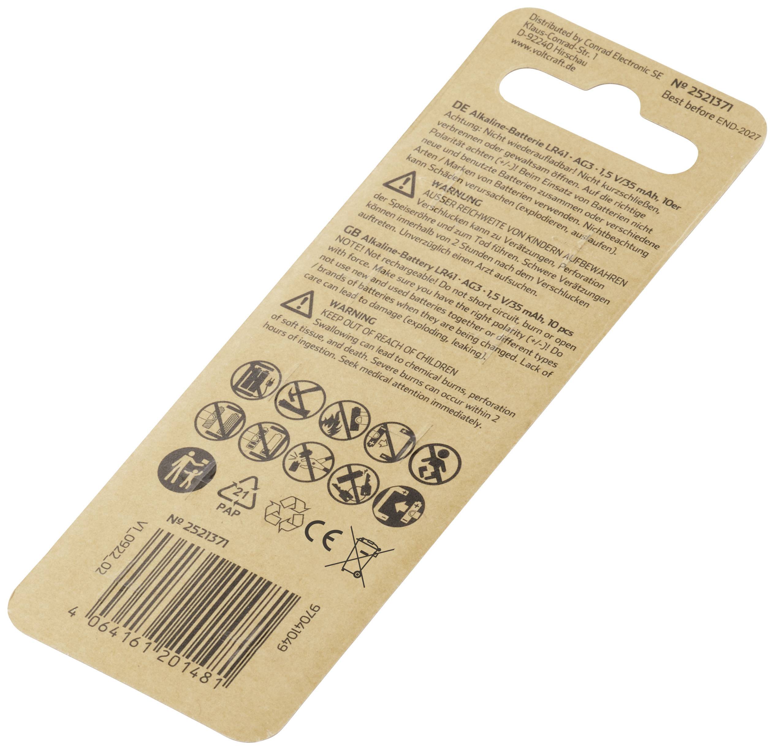 VOLTCRAFT Knopfzelle LR 41 10 St. 35 mAh Alkali-Mangan AG3