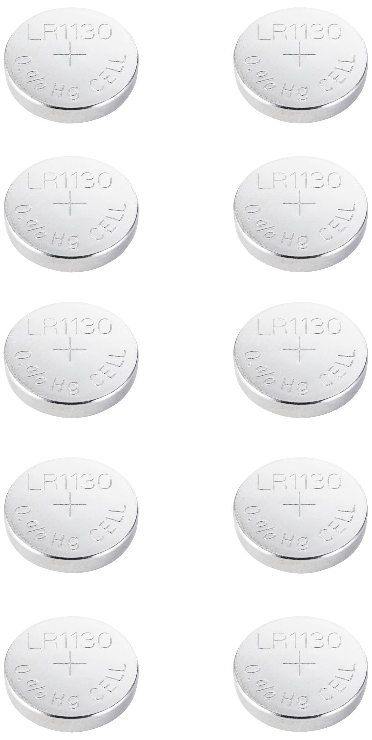 Zehn kleine silberne Knopfbatterien, auf denen 'LR1130' und '1.5V' steht, sind in zwei vertikalen Reihen angeordnet.