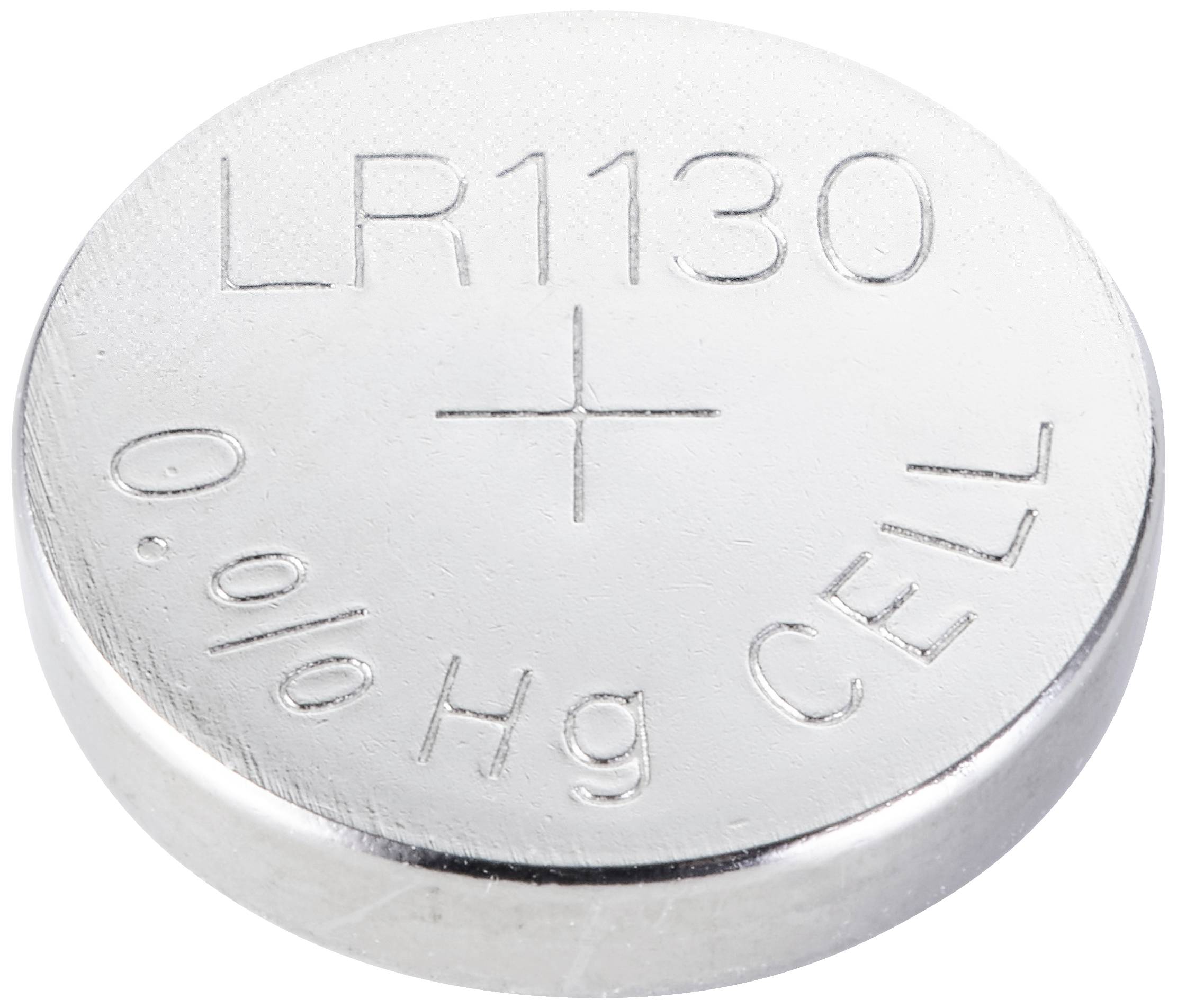 Silberfarbene Knopfzellenbatterie mit der Aufschrift 'LR1130' und '0% Hg'.
