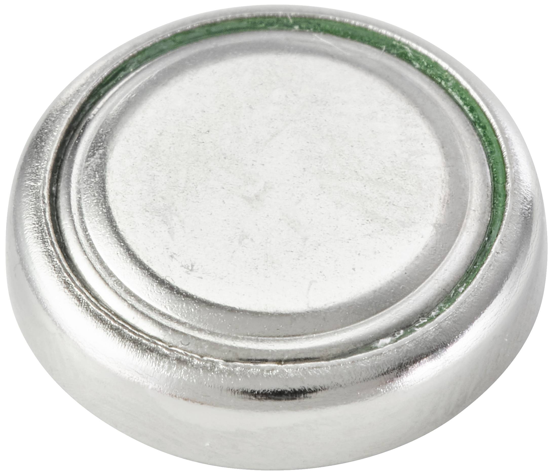 Silberne Knopfzelle aus Metall mit grünem Ring an der Basis, oft in kleinen elektronischen Geräten verwendet.
