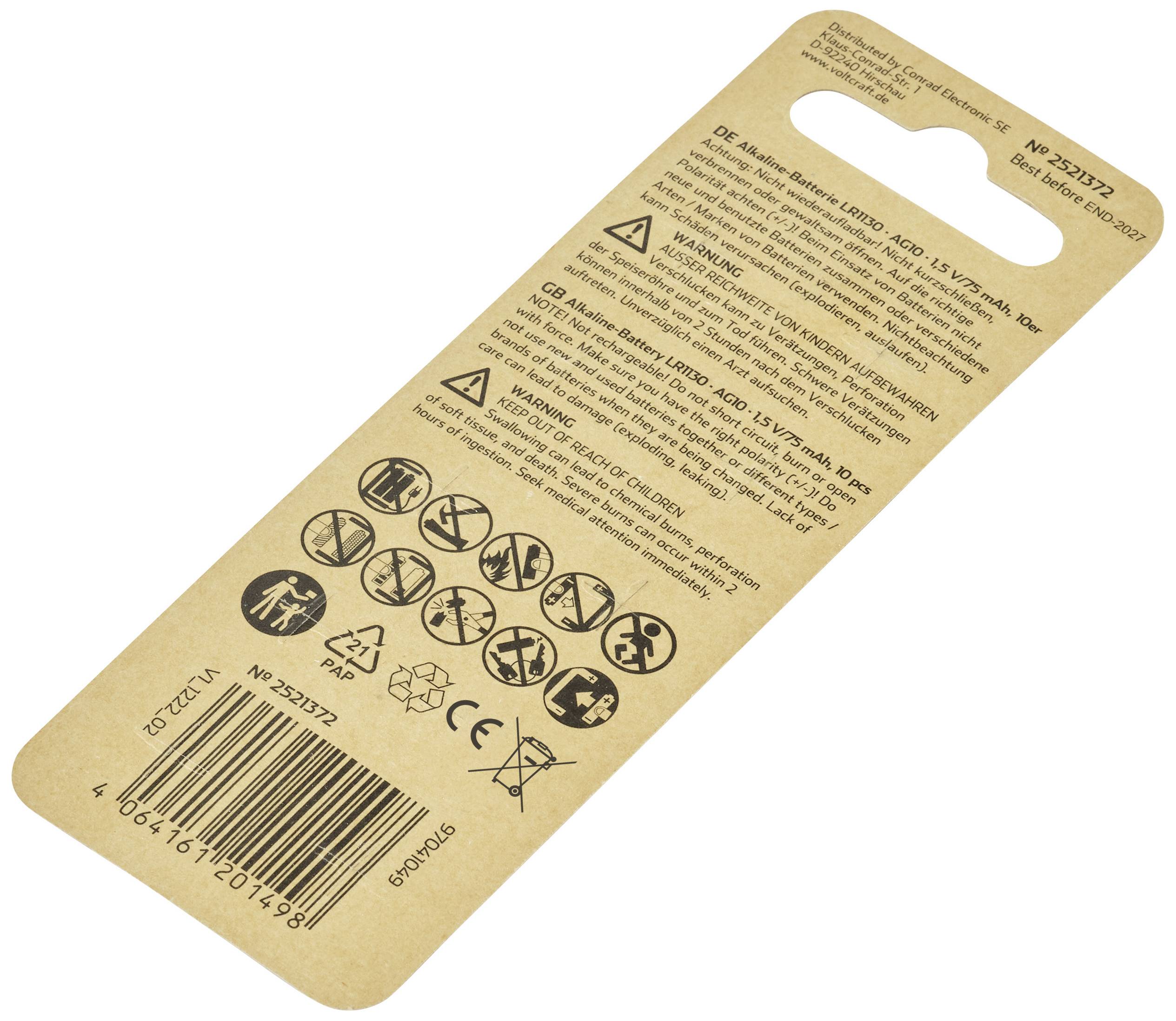 VOLTCRAFT Knopfzelle LR 1130 1.5V 10 St. 75 mAh Alkali-Mangan AG10