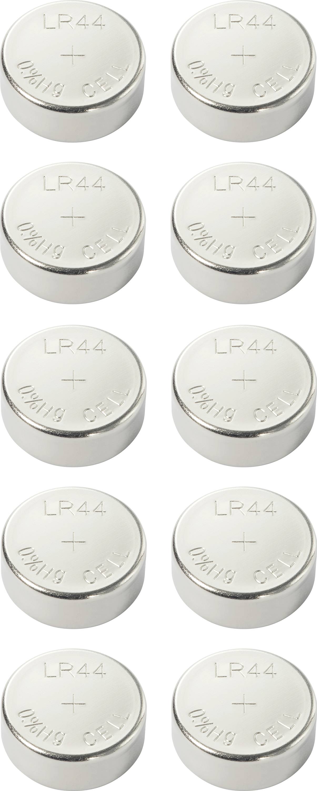 Zwölf silberne Knopfzellen-Batterien in drei Reihen zu je vier Batterien angeordnet, jeweils mit der Aufschrift 'LP44'.