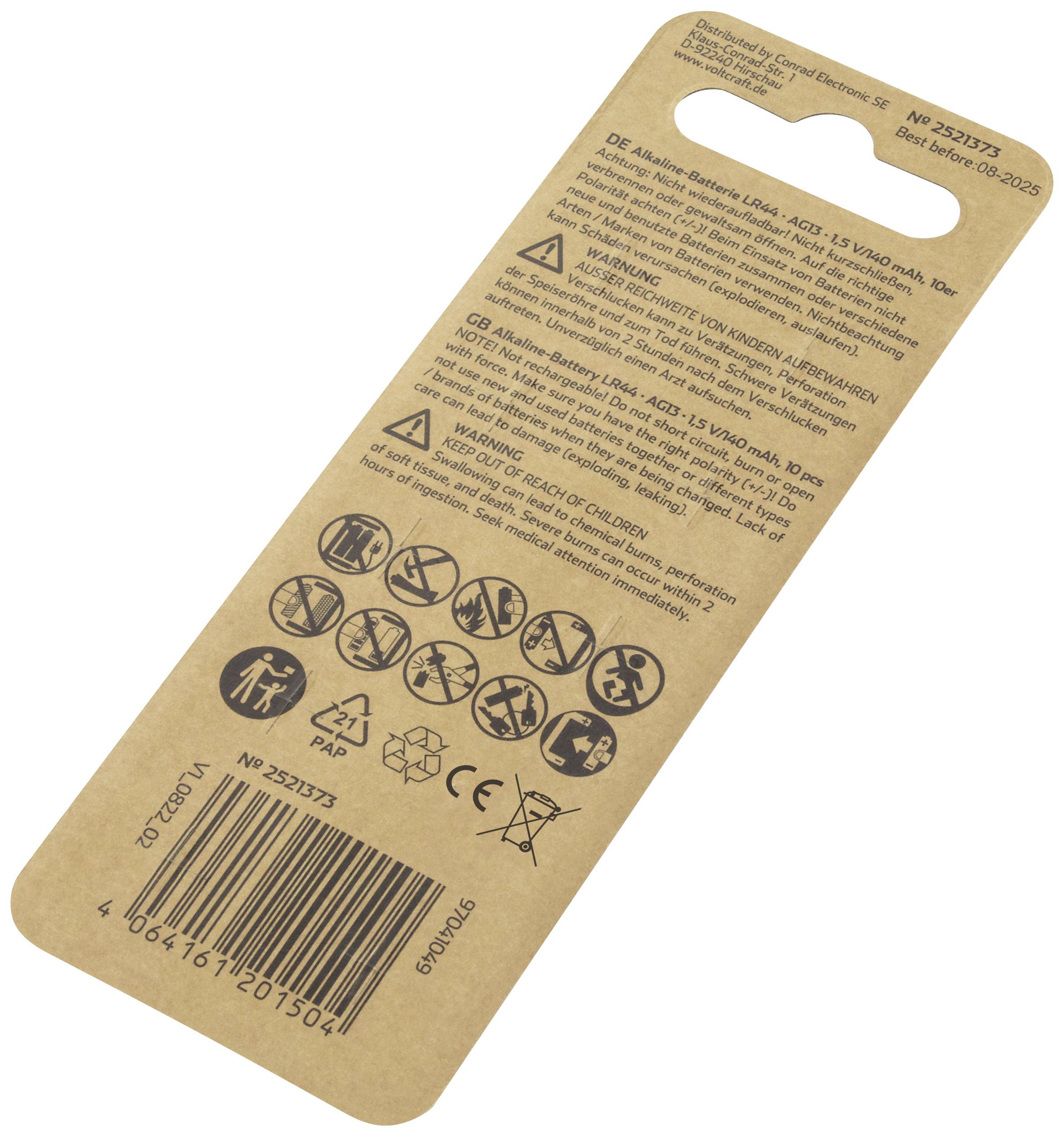 VOLTCRAFT Knopfzelle LR 44 10 St. 140 mAh Alkali-Mangan AG13