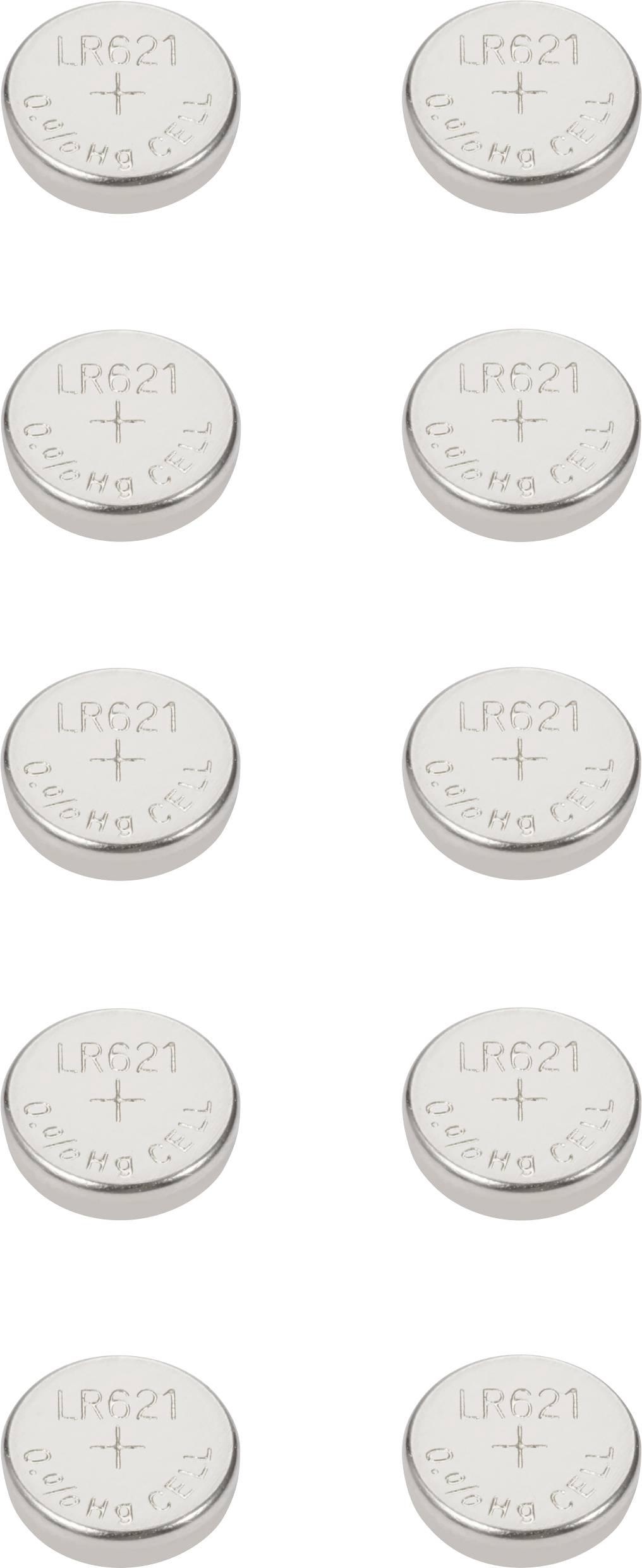 Zehn silberne Knopfzellenbatterien, auf denen 'LR621' steht, in zwei Spalten und fünf Reihen angeordnet.