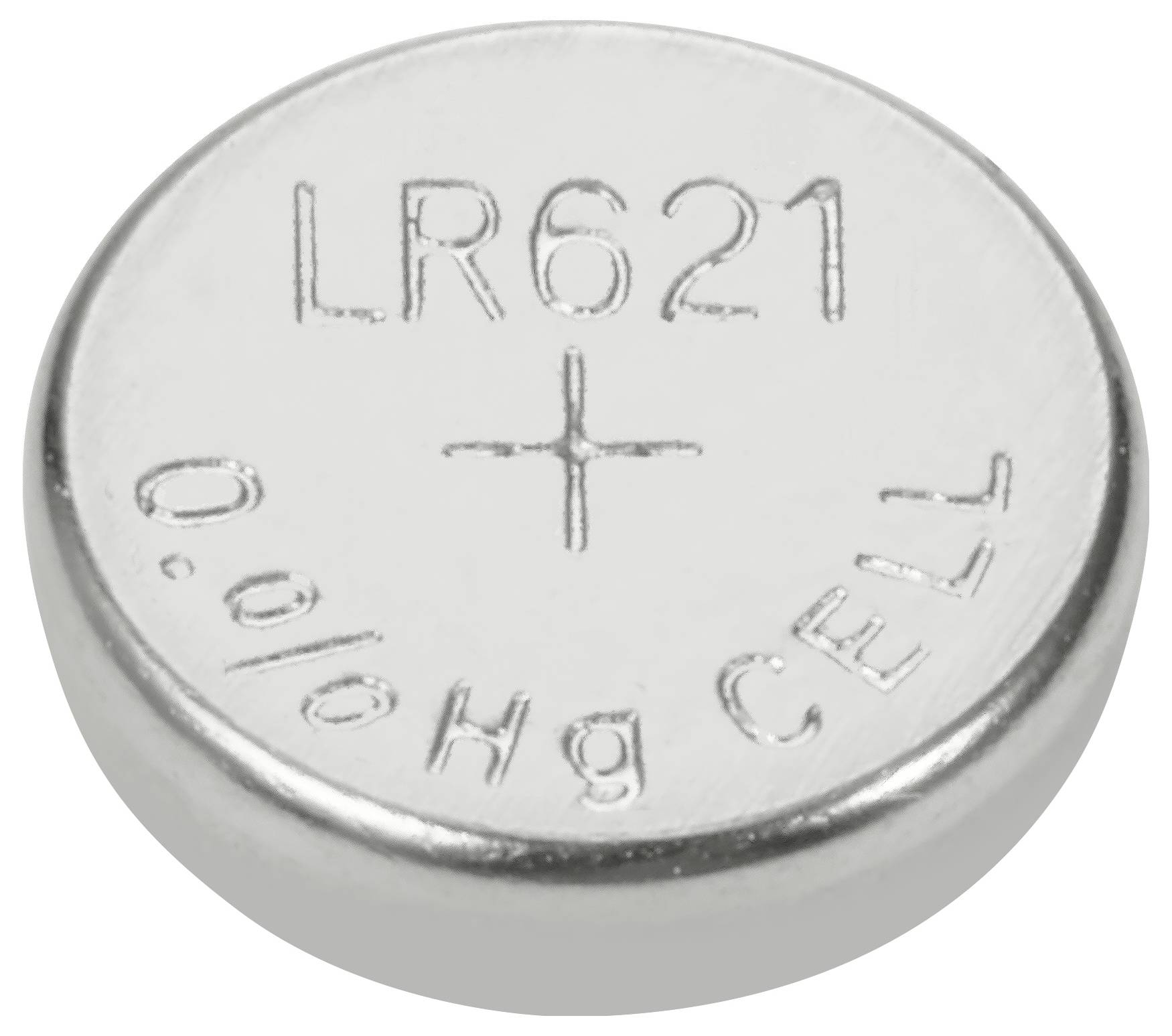 Silberne Knopfzelle mit der Aufschrift 'LR621', '0.0% Hg' und 'CELL' zeigt Batterietyp und Quecksilbergehalt an.