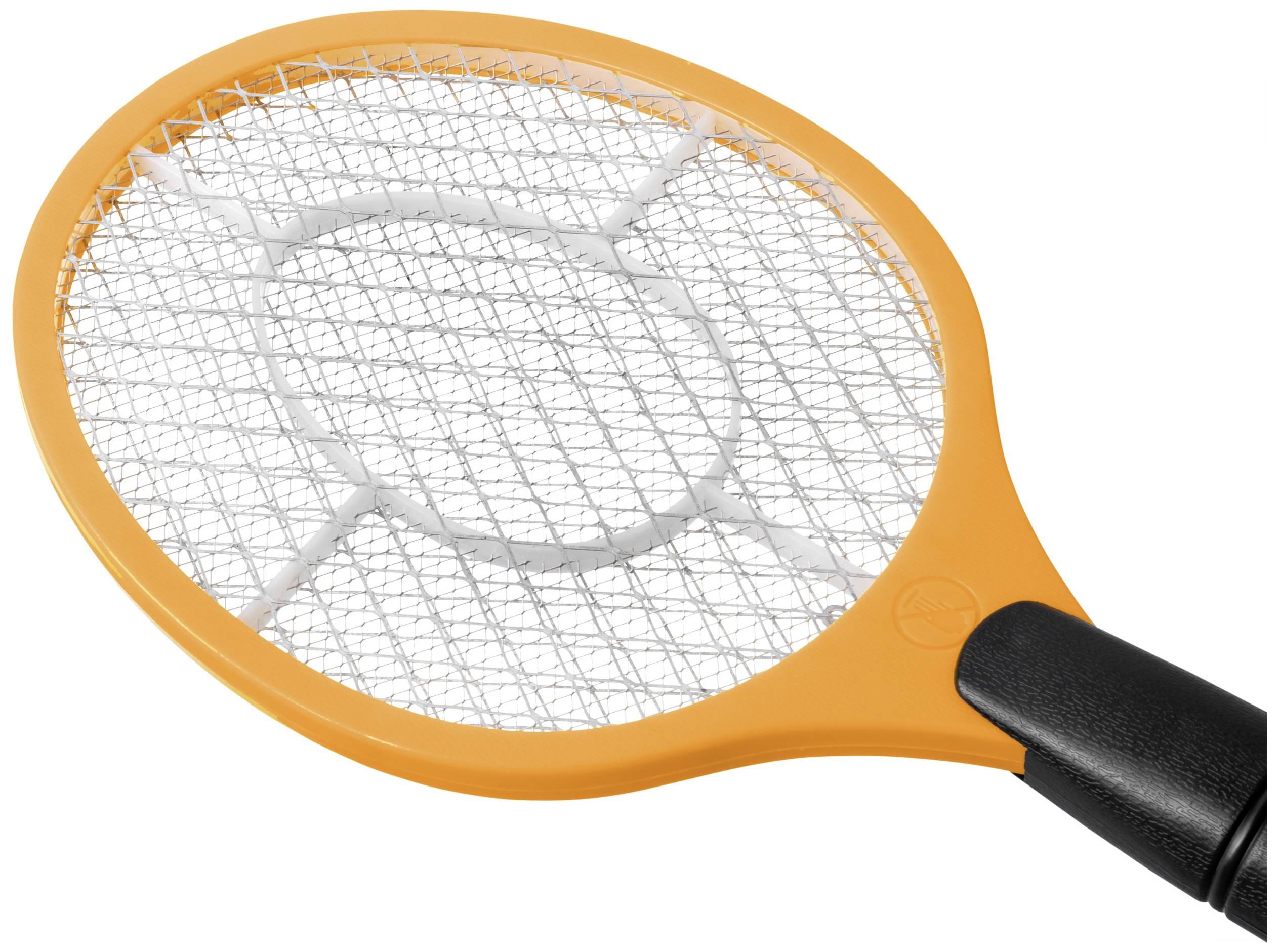Ein orangefarbener elektrischer Fliegen- und Insektenvernichter in Form eines Tennisschlägers mit schwarzem Griff.