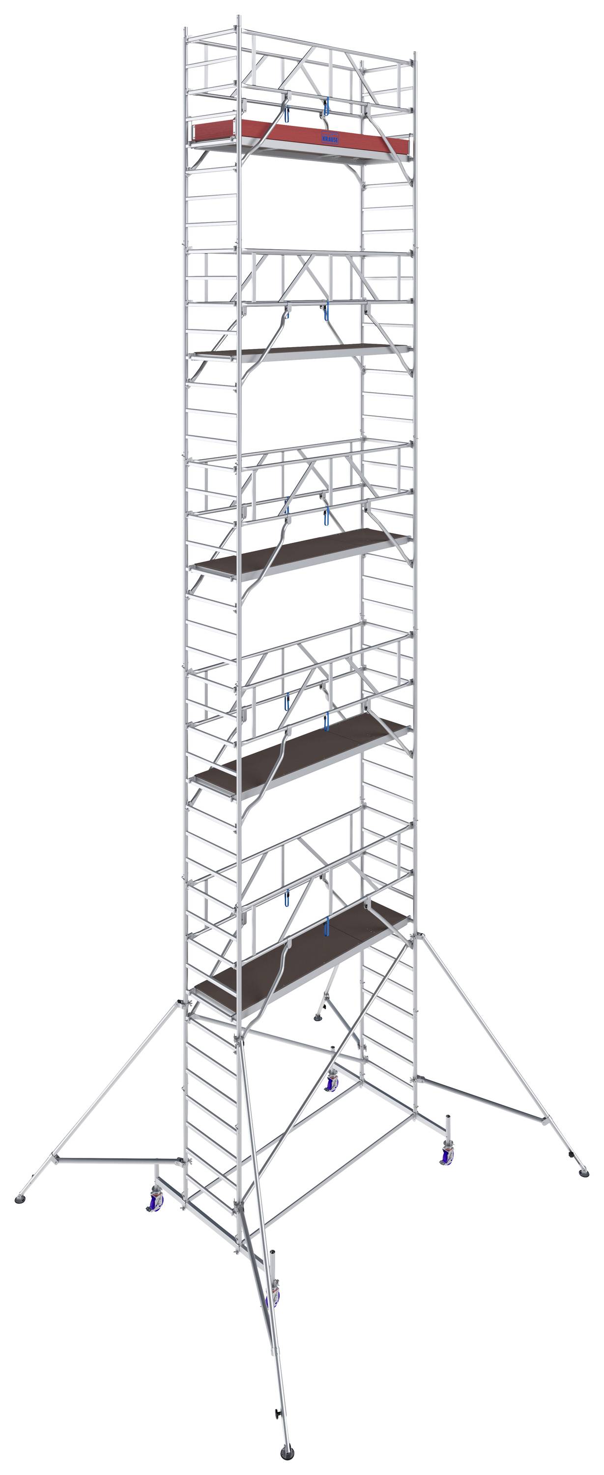 Ein hohes, modulares Baugerüst aus Metall mit mehreren Plattformen, geeignet für Bau- oder Reparaturarbeiten an hohen Strukturen.
