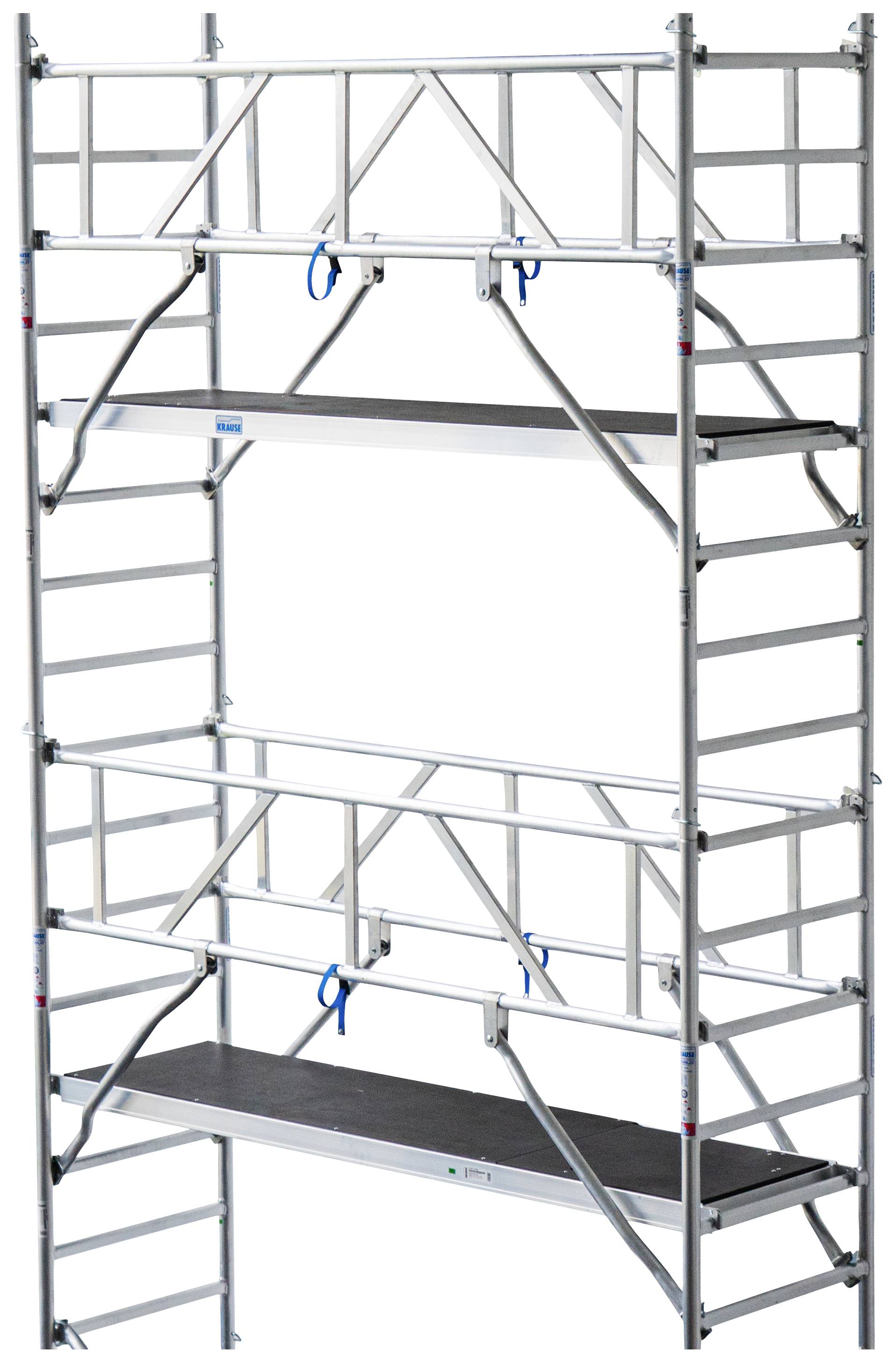 Ein silbernes Aluminiumgerüst mit schwarzen Plattformen, zwei Ebenen und blauen Sicherungsseilen, geeignet für Bau- oder Renovierungsarbeiten.