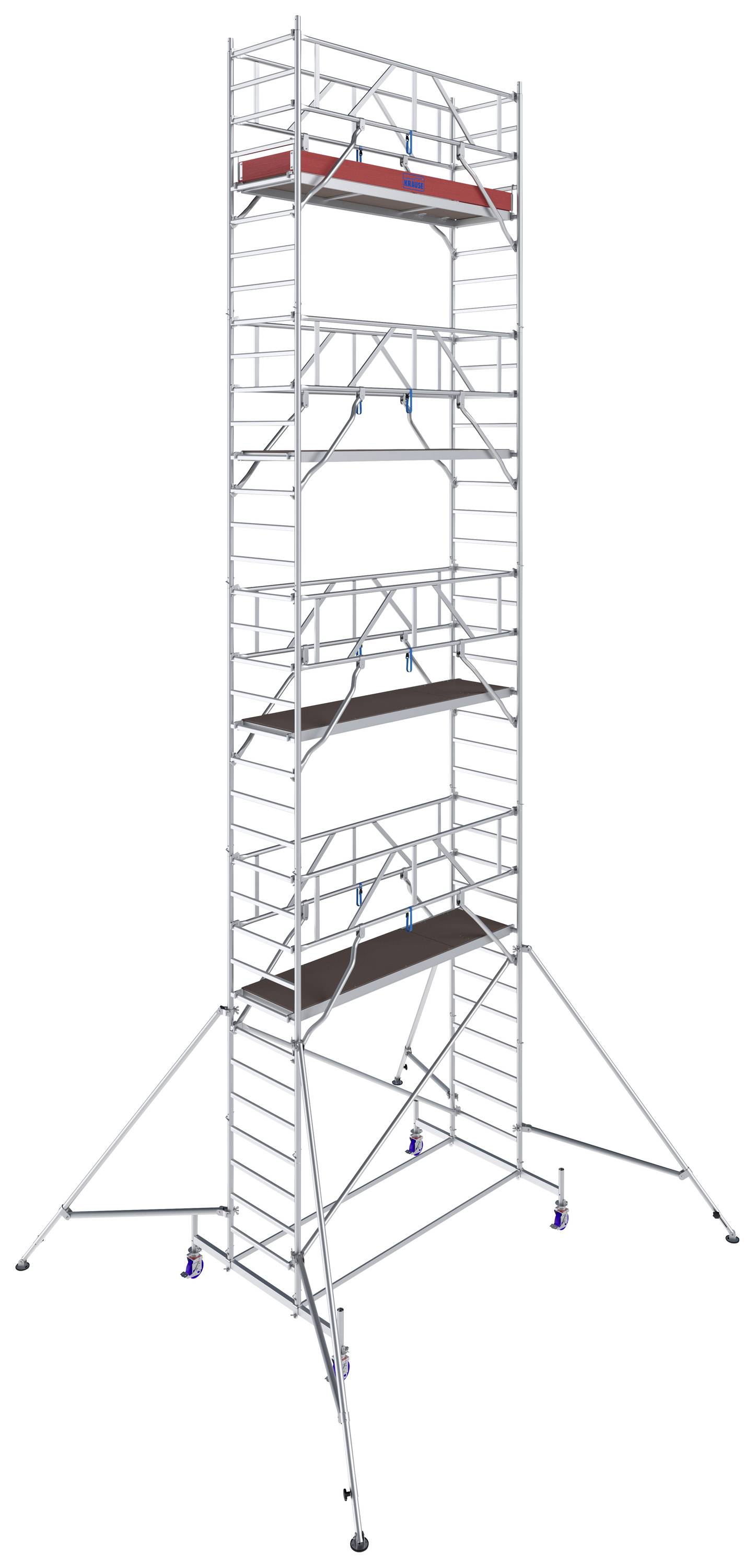Gerüstturm mit mehreren Ebenen und Sicherheitsgeländern. Füße des Gerüsts sind stabilisiert, geeignet für Arbeiten in größerer Höhe.