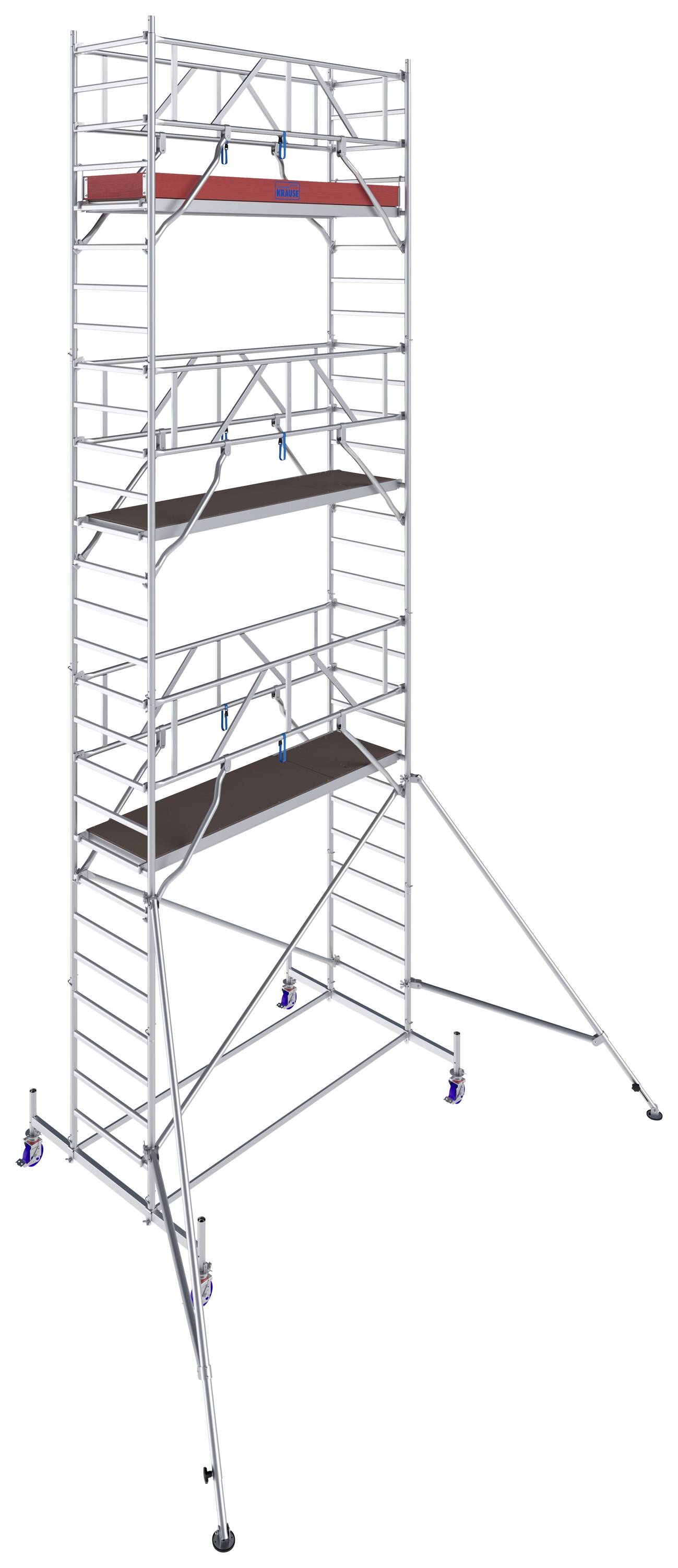 Ein hohes Aluminiumgerüst mit mehreren Plattformen. Es hat Stabilisatoren an der Basis für sicheren Stand. Gezeigt vor weißem Hintergrund.