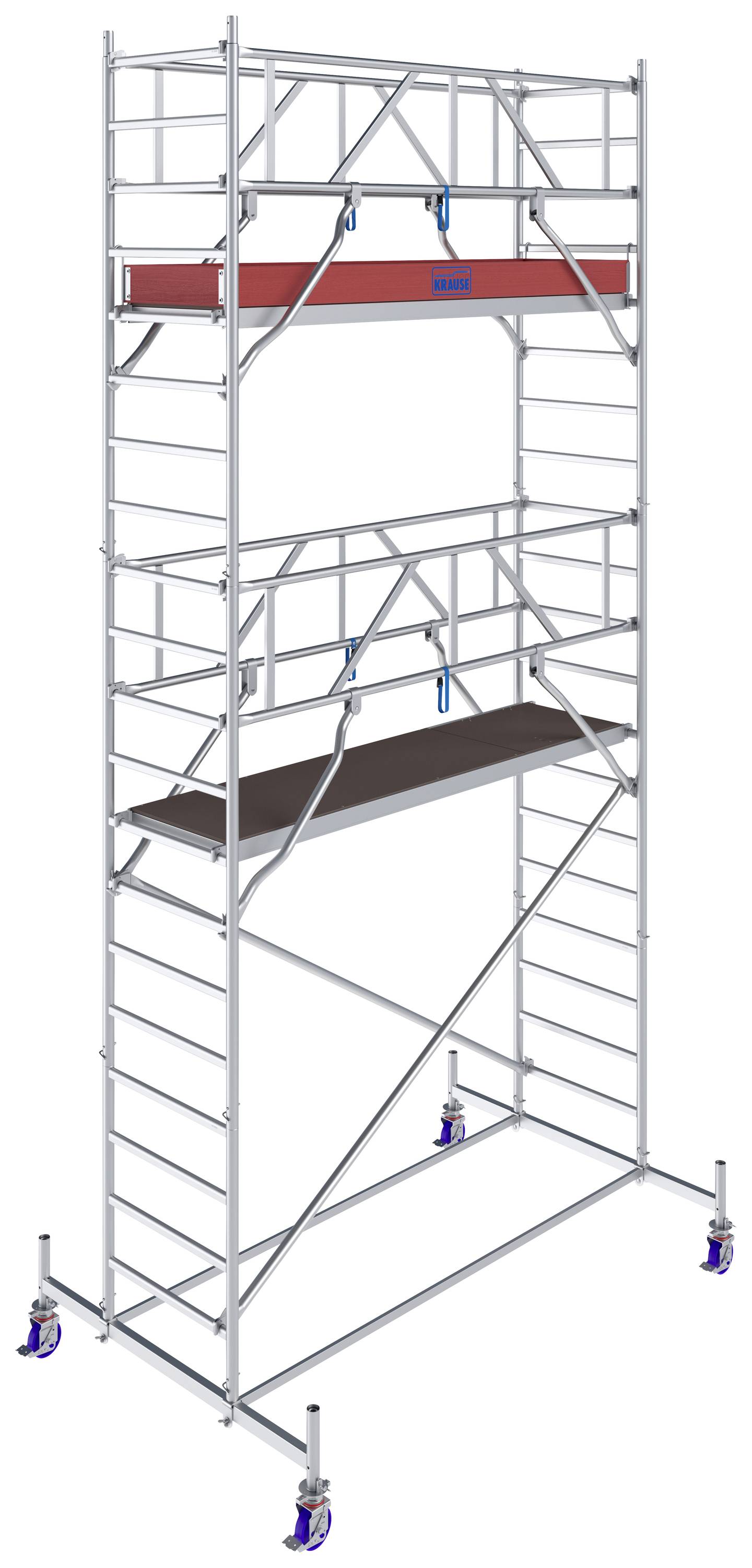 Aluminium-Gerüst mit Rollen, bestehend aus mehreren Plattformen und Leitern, geeignet für Arbeiten in der Höhe.