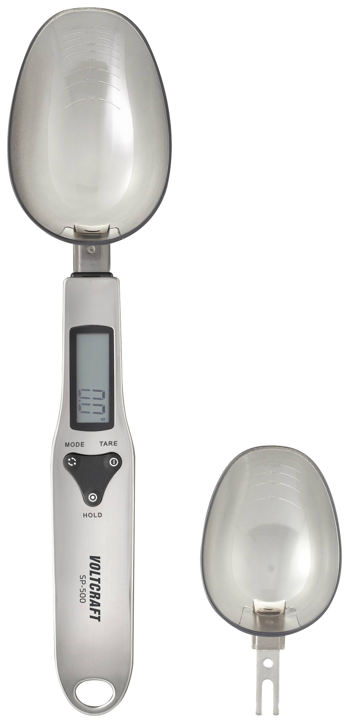Digitale Löffelwaage mit abnehmbarer Schaufel, LCD-Display und Tasten für Mode, Tara und Hold. Geeignet zum präzisen Wiegen kleiner Mengen.