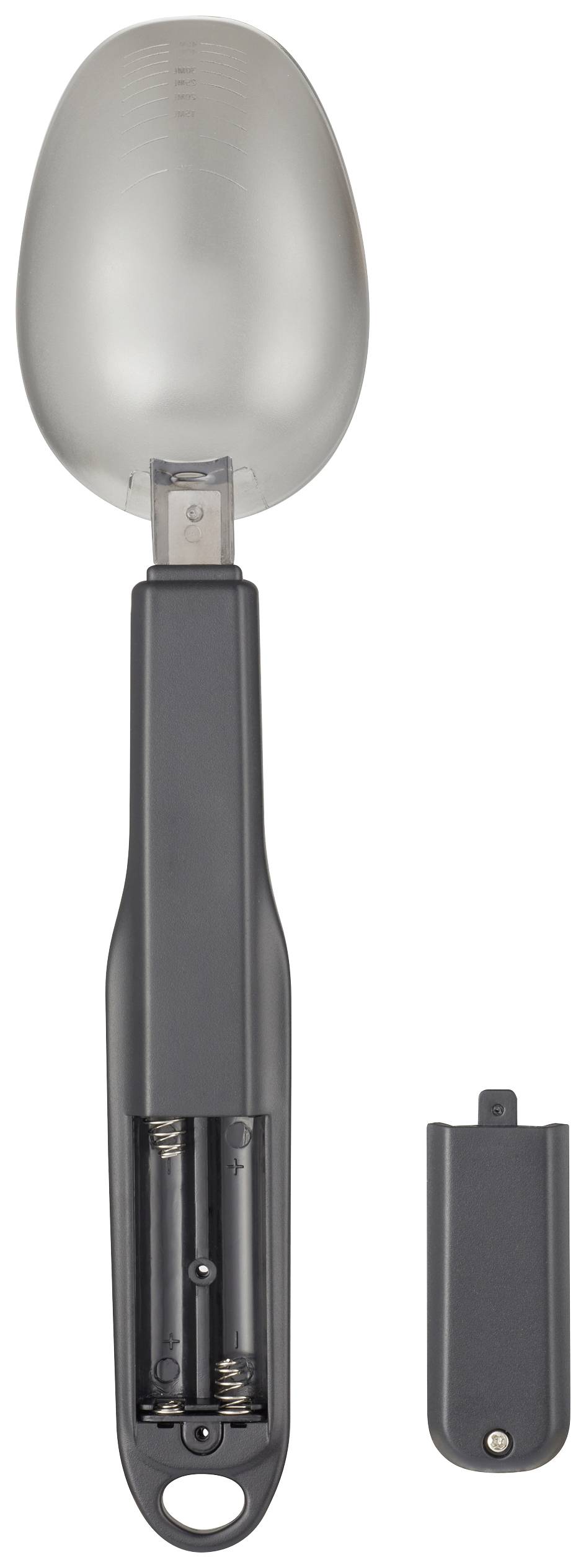 Ein elektrischer Soßenlöffel mit abnehmbarem Batteriefachdeckel, der nebeneinander liegt.