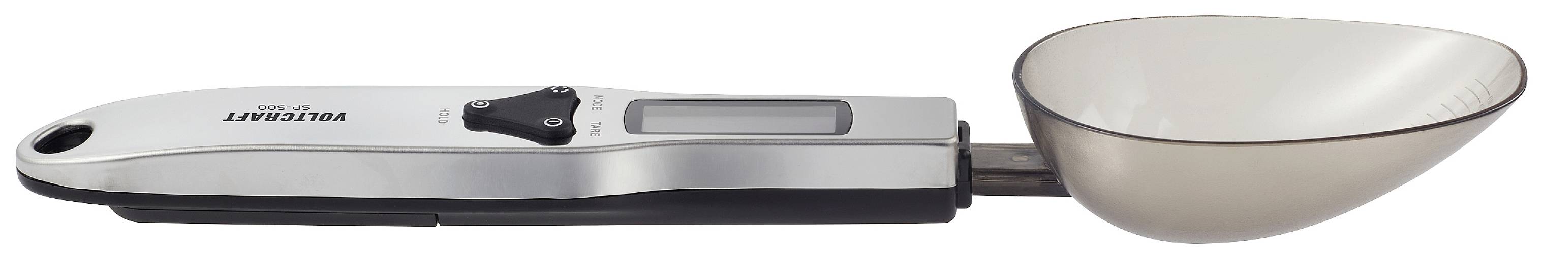 Digitale Küchenwaage in Löffelform mit Display und Tasten, ideal zum präzisen Messen kleiner Mengen von Zutaten.