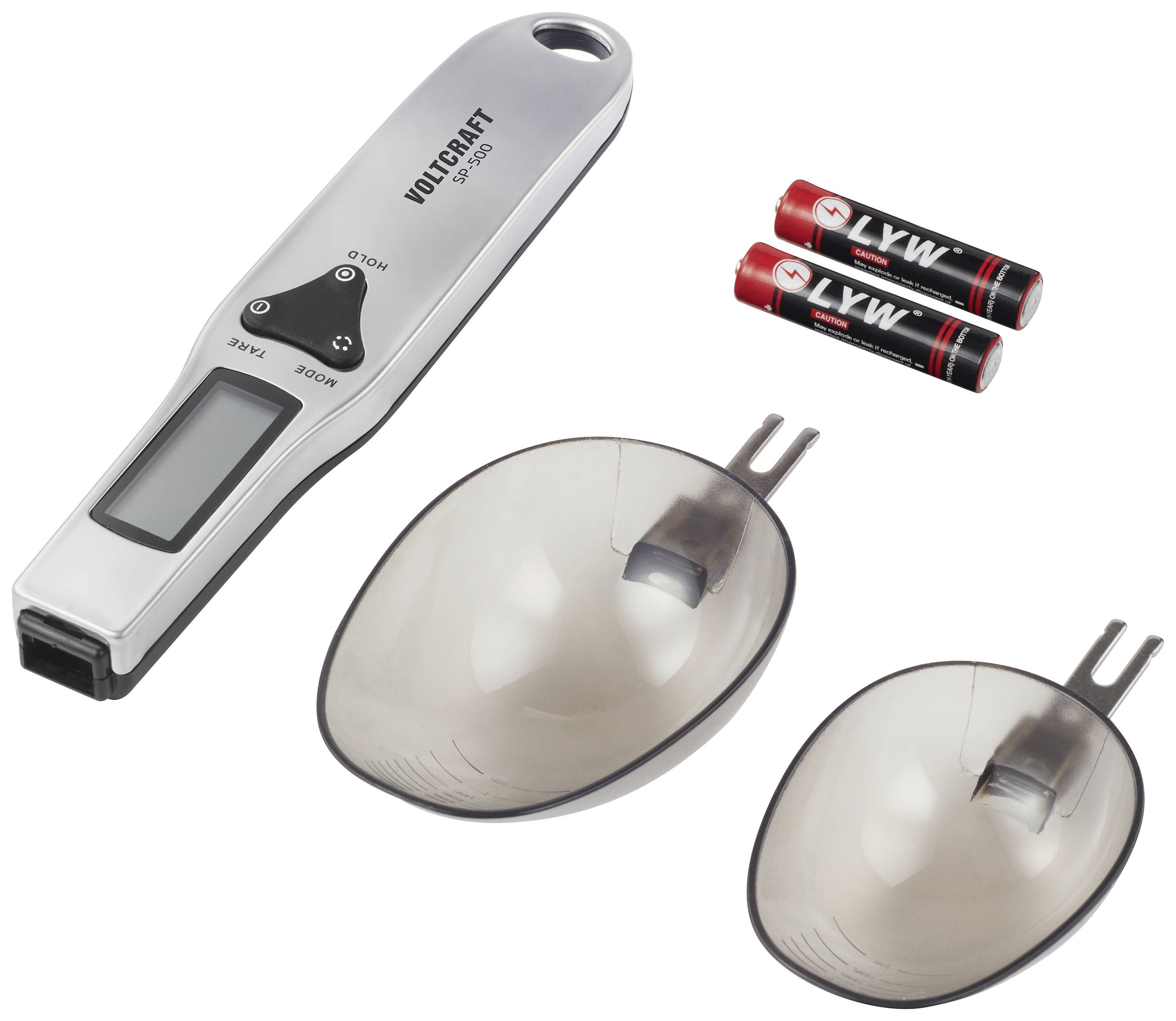 Elektronische Waage mit Digitalanzeige und zwei abnehmbaren Wiegeschalen. Zwei Batterien sind daneben platziert.